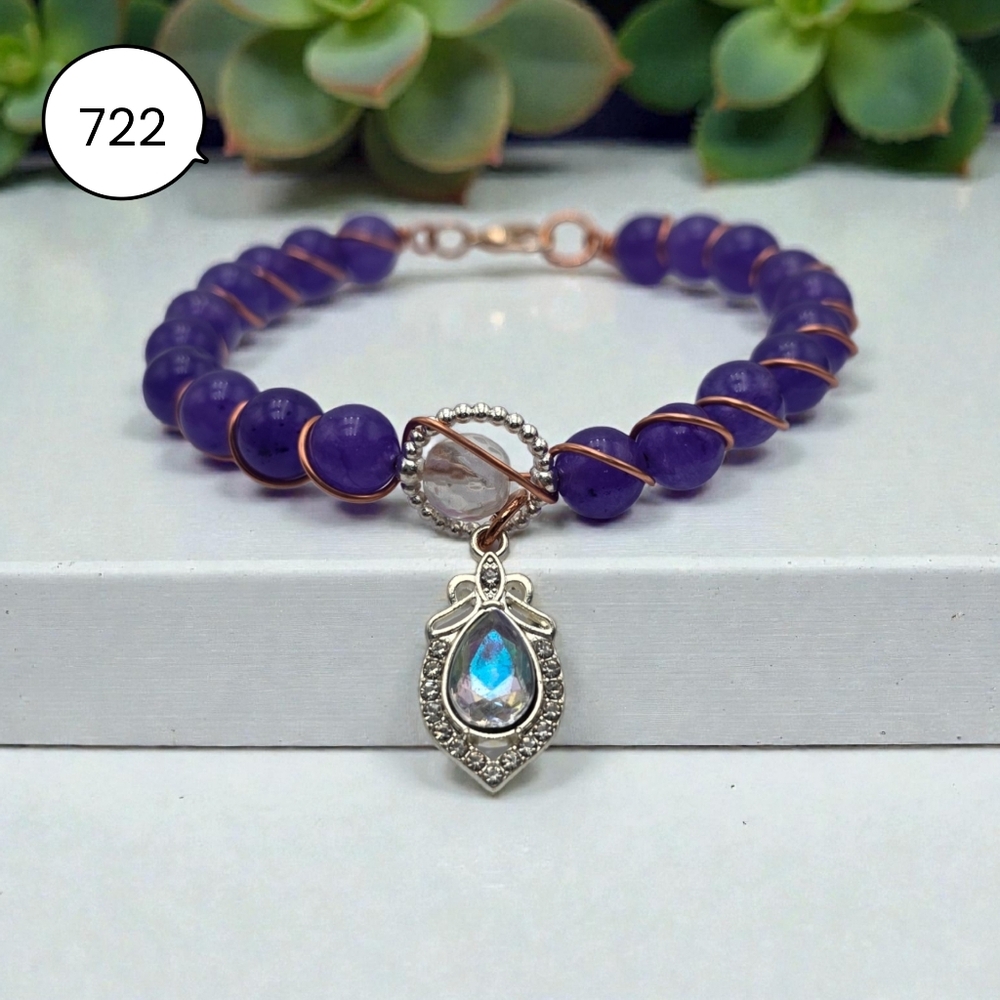 Purple Quartz Beaded Bracelet with Iridescent Teardrop Crystal Charm | Handmade